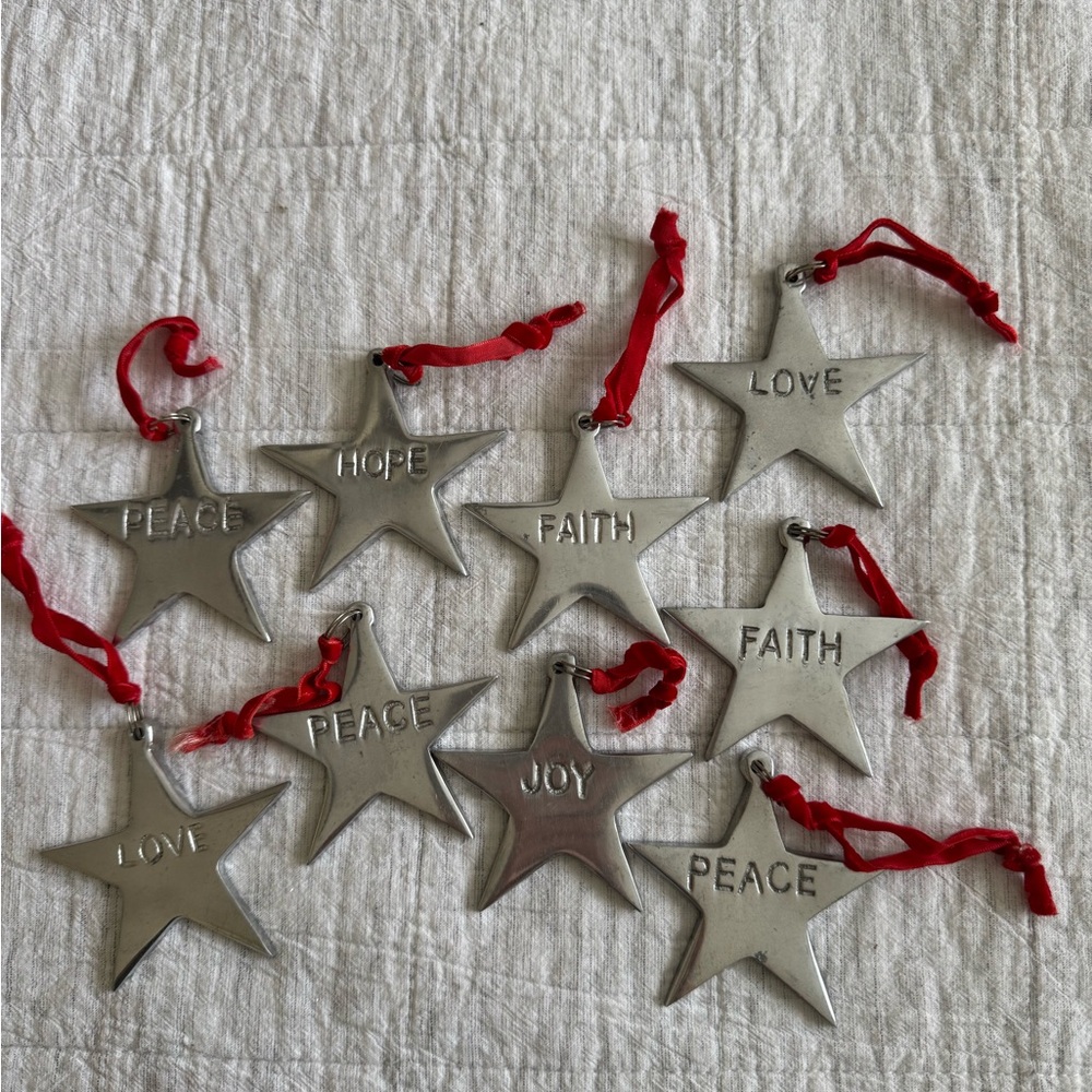 Lot of 9-Silver Star Holiday/Christmas Ornaments with Red Ribbon